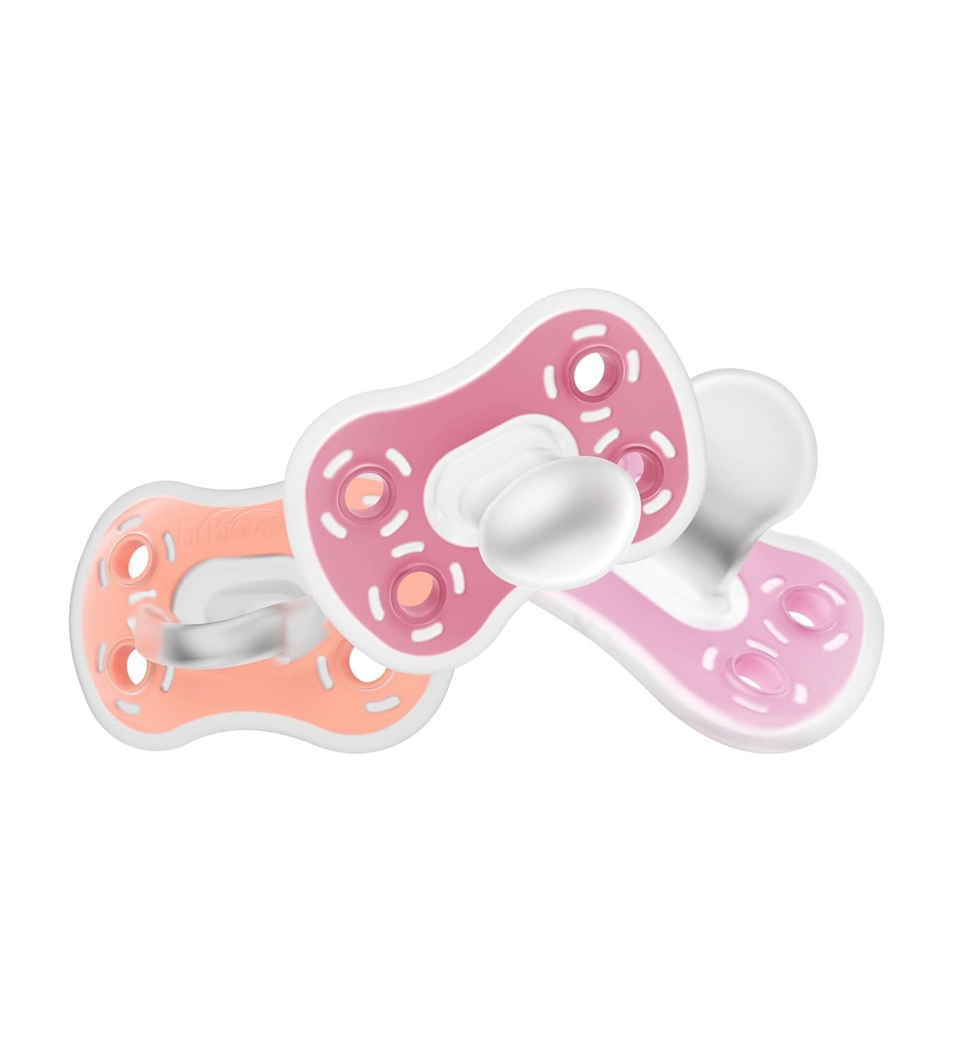 image:imageDr Browns Advantage OnePiece Silicone Baby Pacifier Fully Symmetrical Soother CoralLight PinkPink 618m BPA Free 3 Pack3 Pack  CoralLight PinkPink