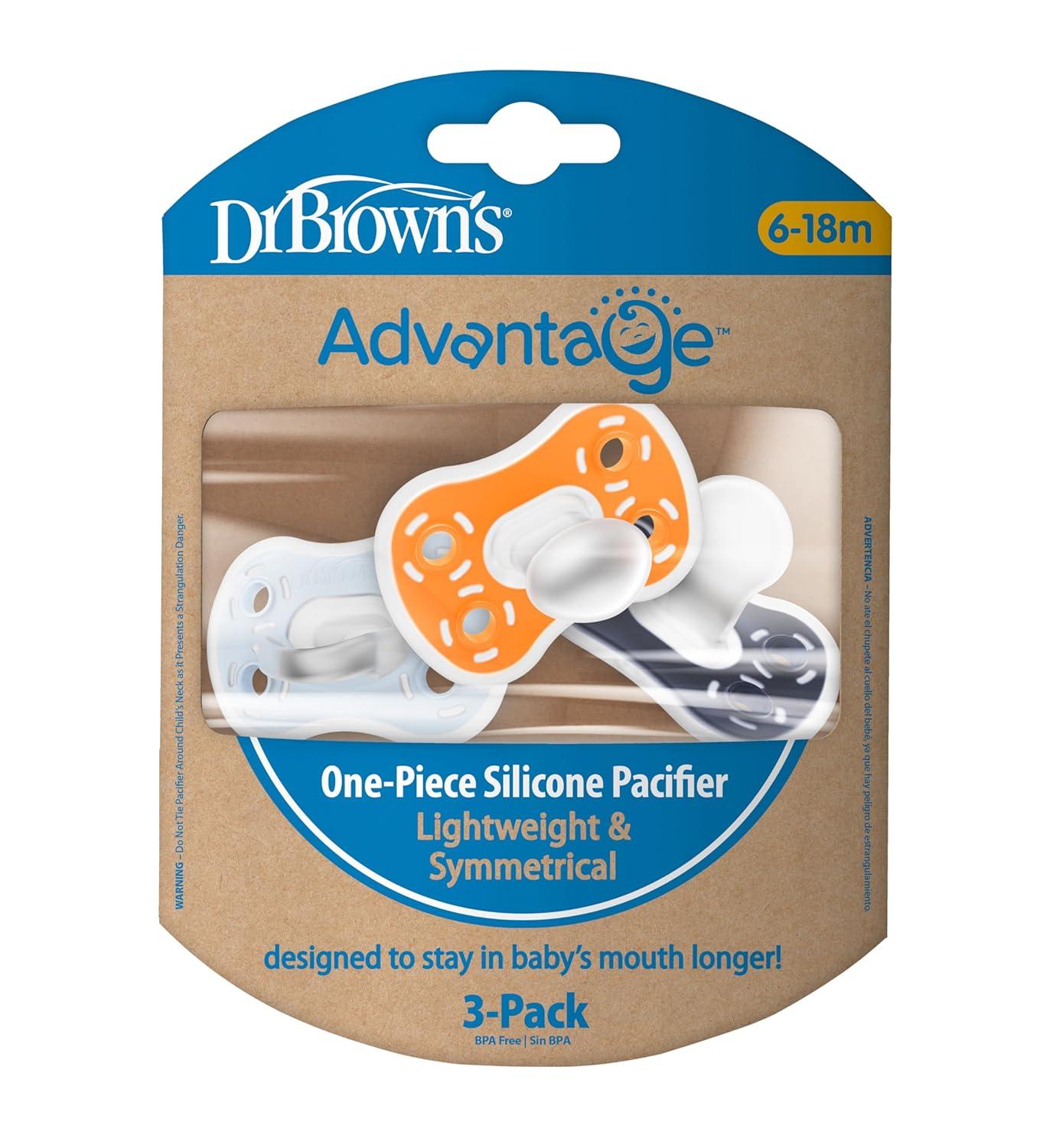 image:imageDr Browns Advantage OnePiece Silicone Baby Pacifier Fully Symmetrical Soother CoralLight PinkPink 618m BPA Free 3 Pack3 Pack  Dark BlueLight BlueOrange