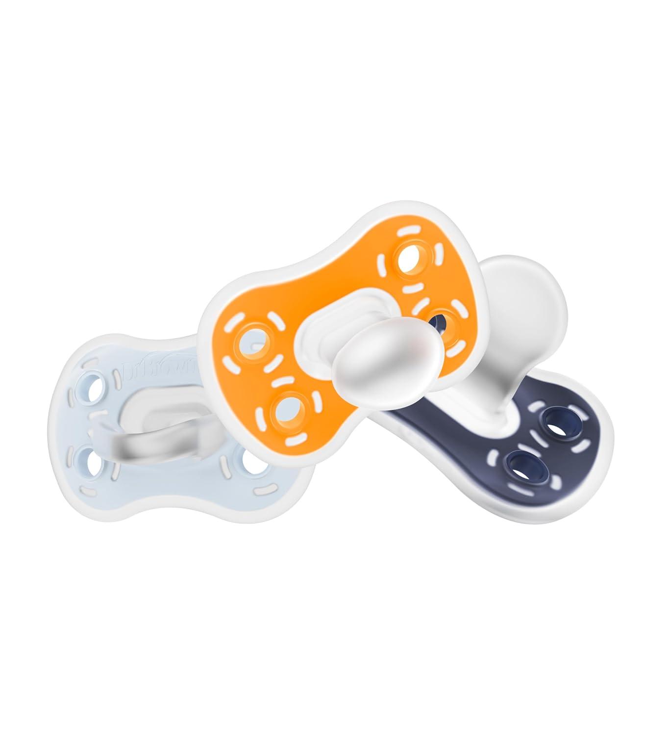 image:imageDr Browns Advantage OnePiece Silicone Baby Pacifier Fully Symmetrical Soother CoralLight PinkPink 618m BPA Free 3 Pack3 Pack  Dark BlueLight BlueOrange