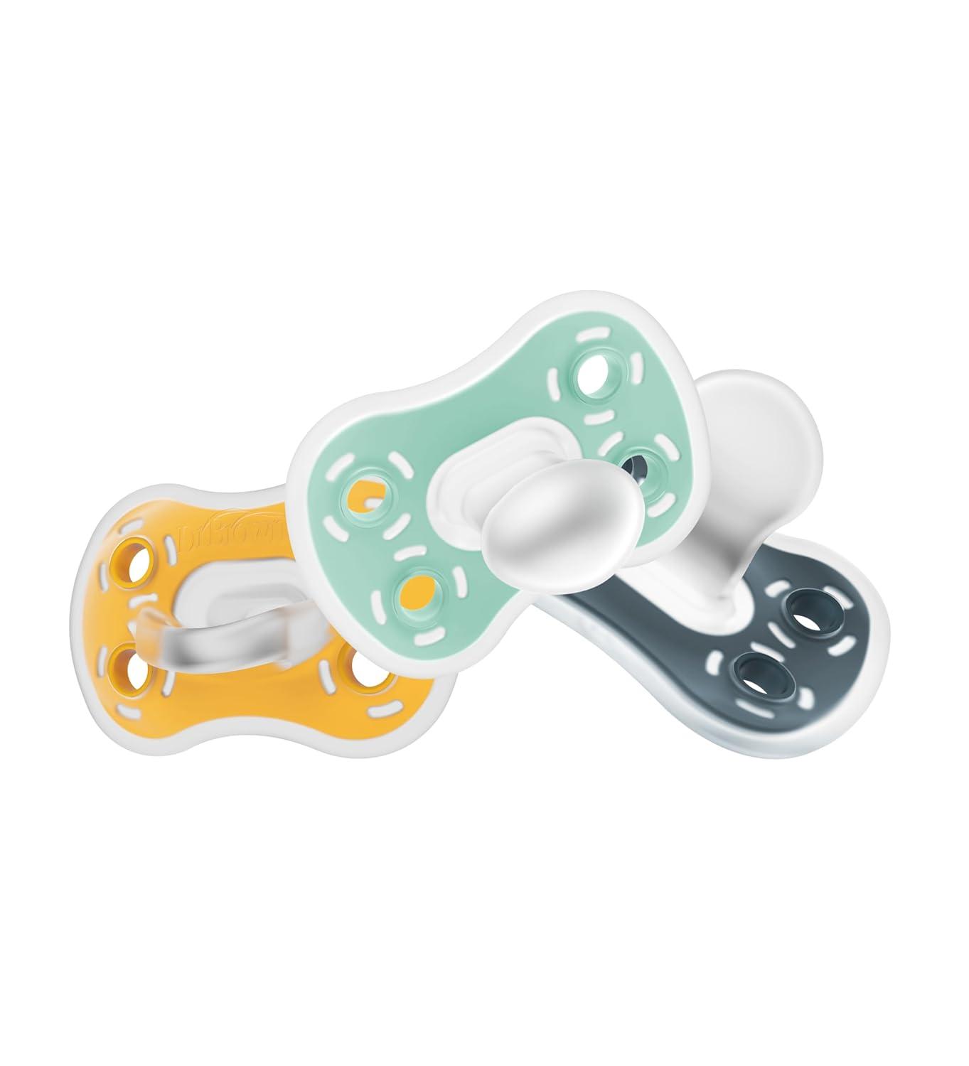 image:imageDr Browns Advantage OnePiece Silicone Baby Pacifier Fully Symmetrical Soother CoralLight PinkPink 618m BPA Free 3 Pack3 Pack  Dark GrayGreenYellow