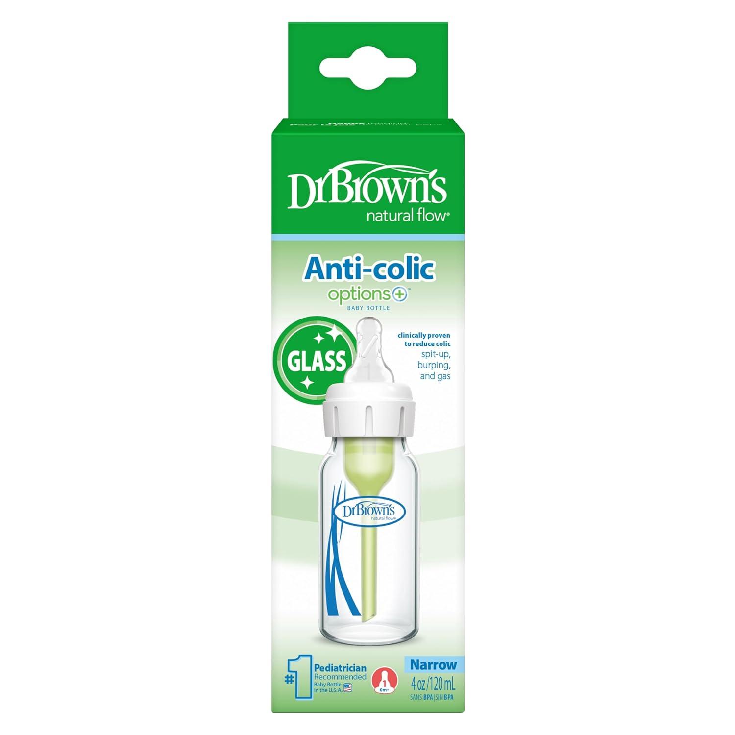 image:imageDr Browns AntiColic Options Narrow Glass Baby Bottle with Level 1 Slow Flow Nipple BPAFree 4 oz120mL 4PackClear Glass