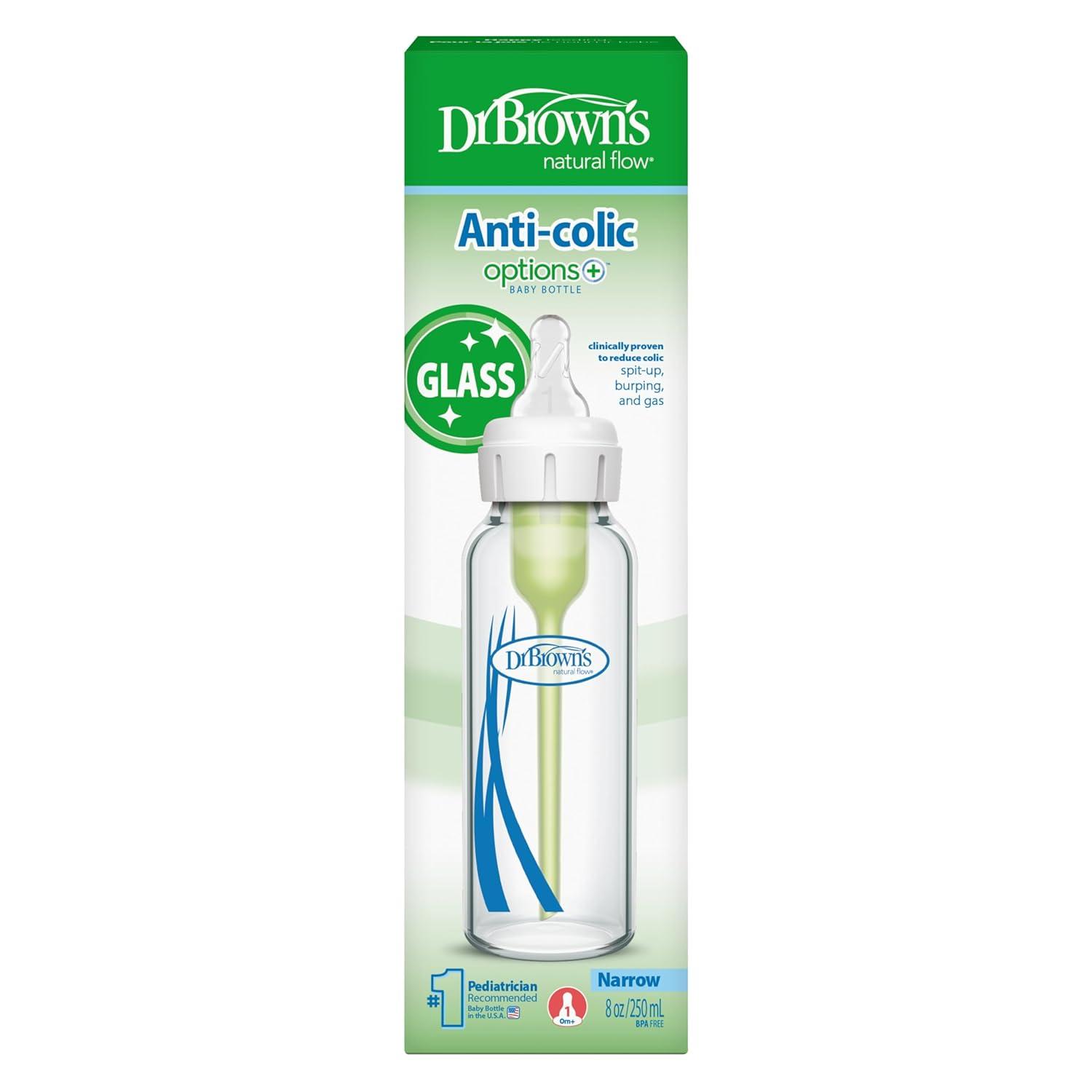 image:imageDr Browns AntiColic Options Narrow Glass Baby Bottle with Level 1 Slow Flow Nipple BPAFree 4 oz120mL 4PackClear Glass