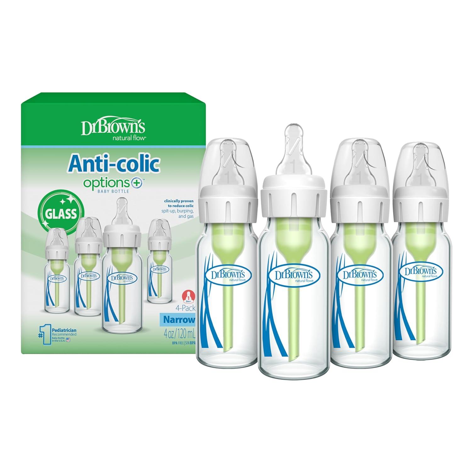 image:imageDr Browns AntiColic Options Narrow Glass Baby Bottle with Level 1 Slow Flow Nipple BPAFree 4 oz120mL 4PackClear Glass