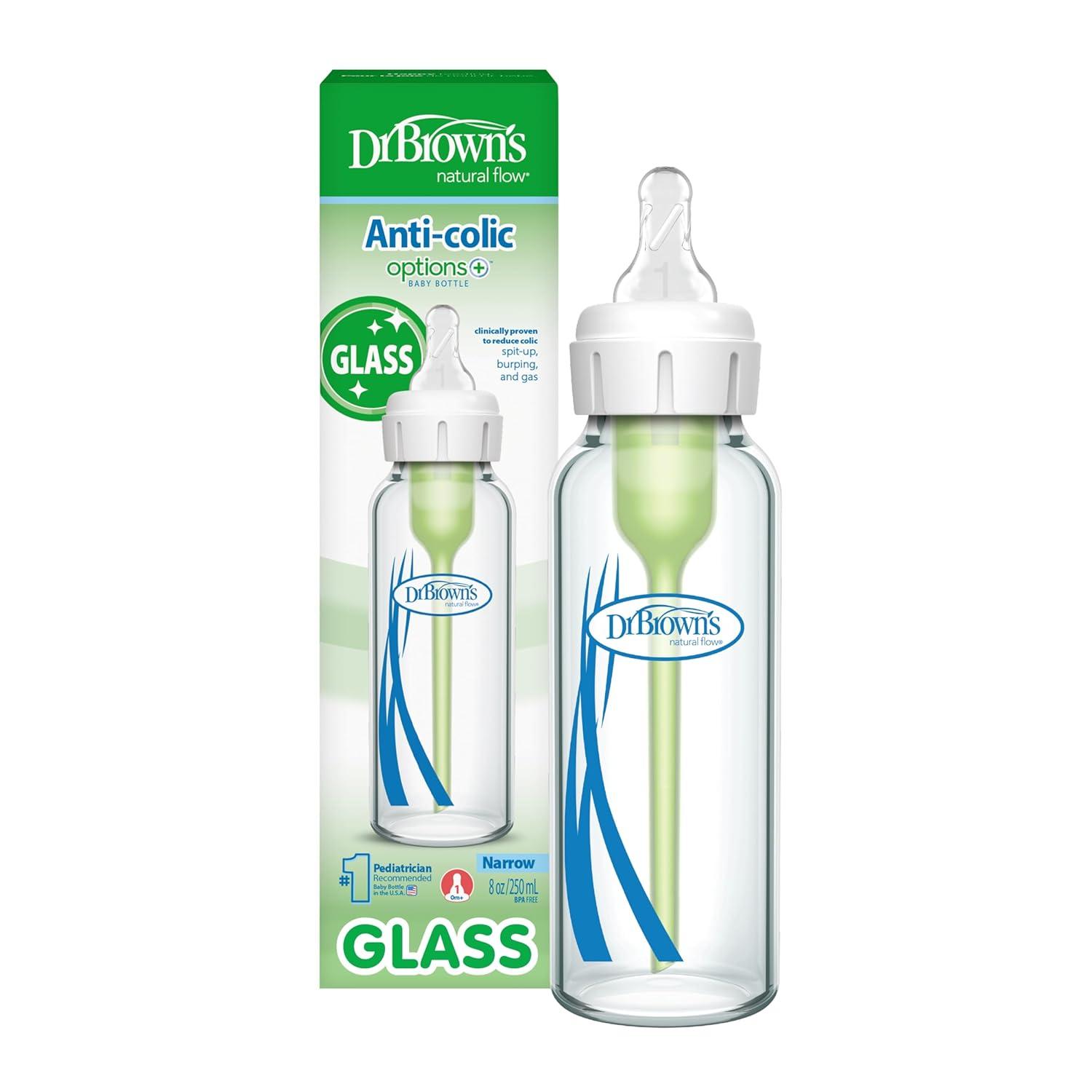 image:imageDr Browns AntiColic Options Narrow Glass Baby Bottle with Level 1 Slow Flow Nipple BPAFree 4 oz120mL 4PackClear Glass