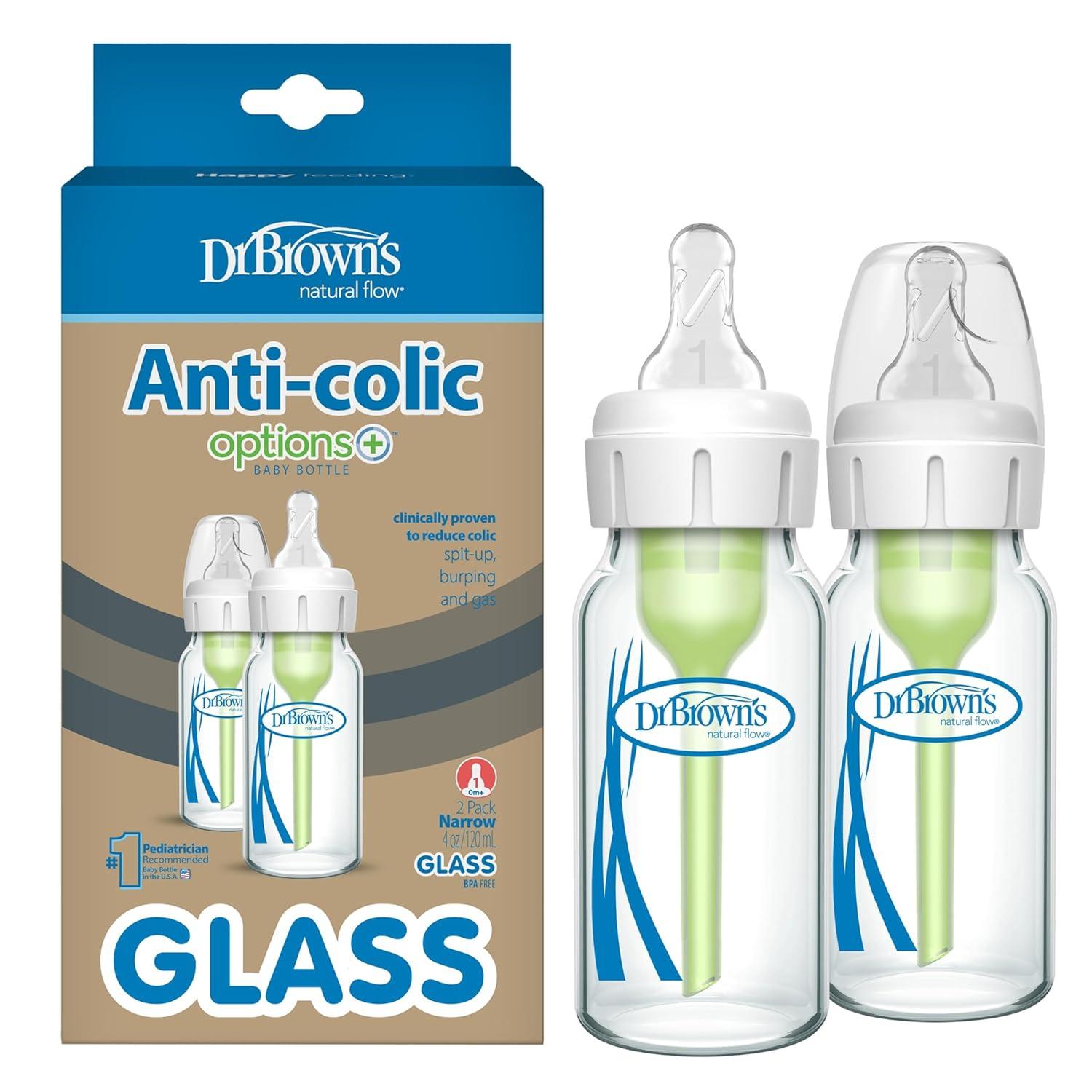 image:imageDr Browns AntiColic Options Narrow Glass Baby Bottle with Level 1 Slow Flow Nipple BPAFree 4 oz120mL 4PackClear Glass
