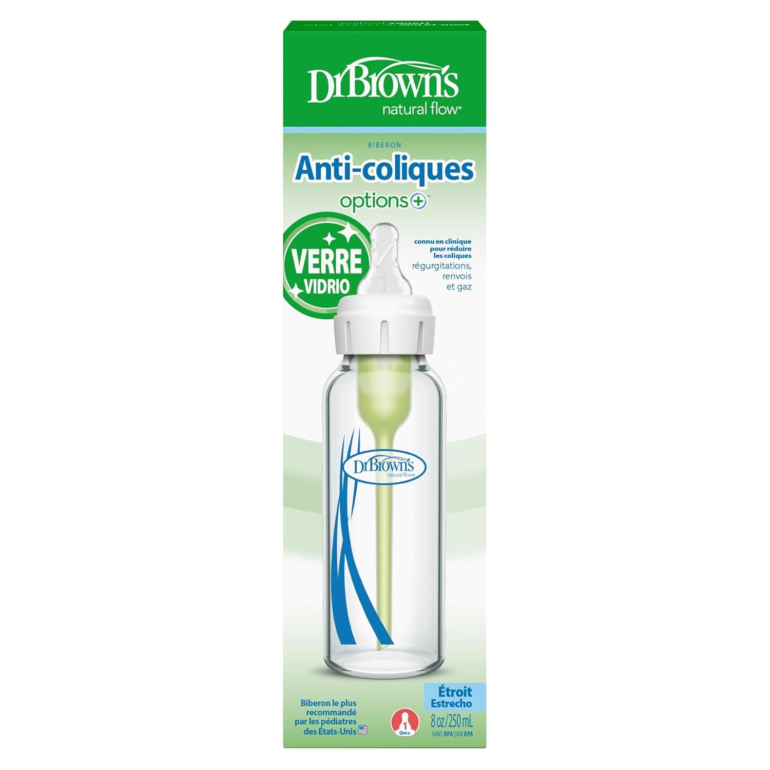 image:imageDr Browns AntiColic Options Narrow Glass Baby Bottle with Level 1 Slow Flow Nipple BPAFree 4 oz120mL 4PackClear Glass