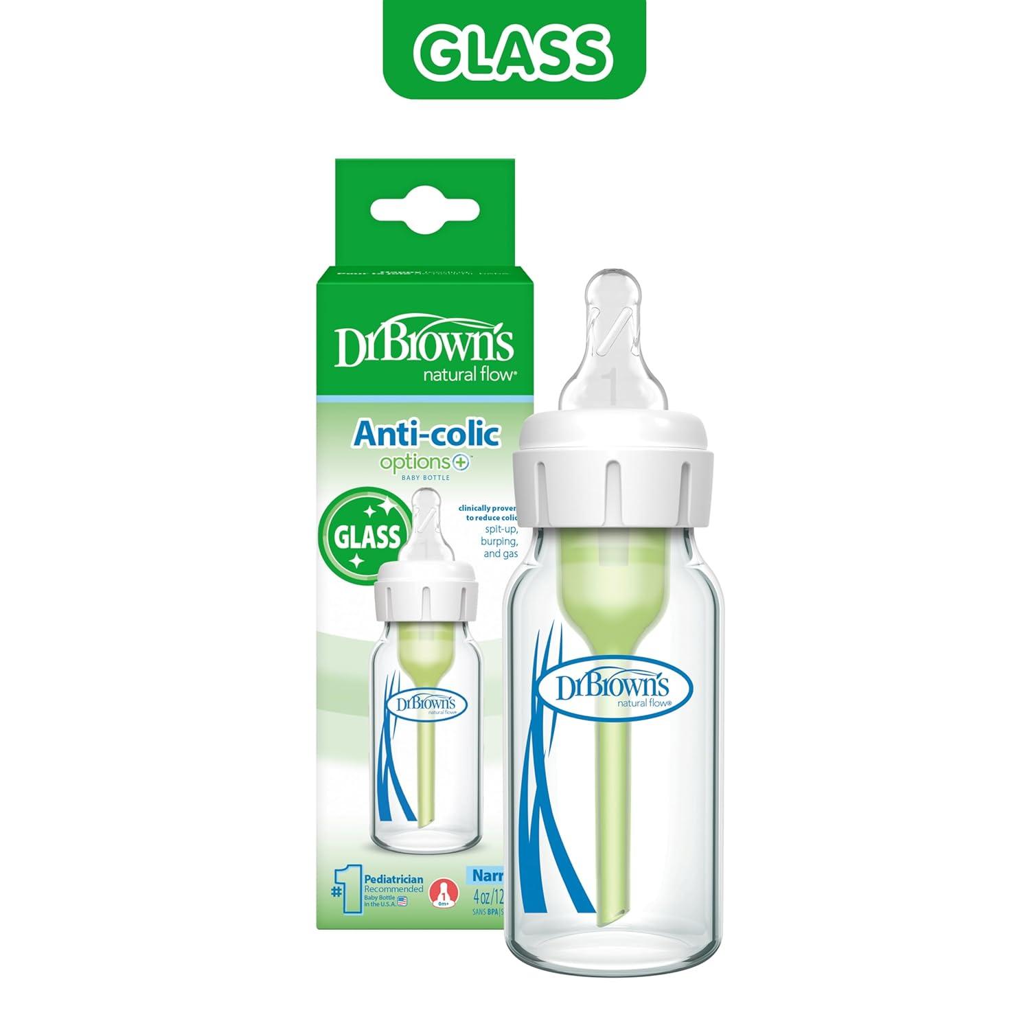 image:imageDr Browns AntiColic Options Narrow Glass Baby Bottle with Level 1 Slow Flow Nipple BPAFree 4 oz120mL 4PackClear Glass