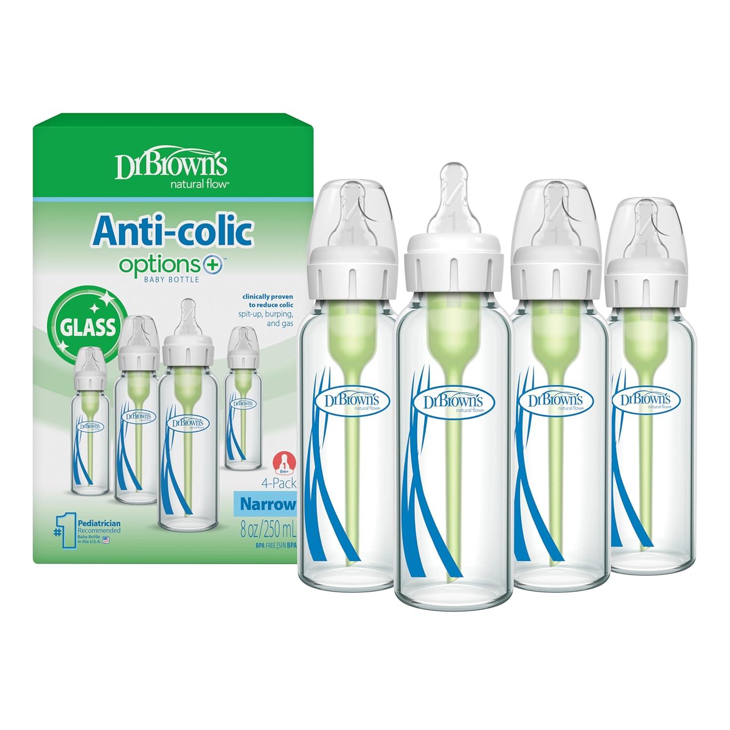 image:imageDr Browns AntiColic Options Narrow Glass Baby Bottle with Level 1 Slow Flow Nipple BPAFree 4 oz120mL 4PackClear Glass