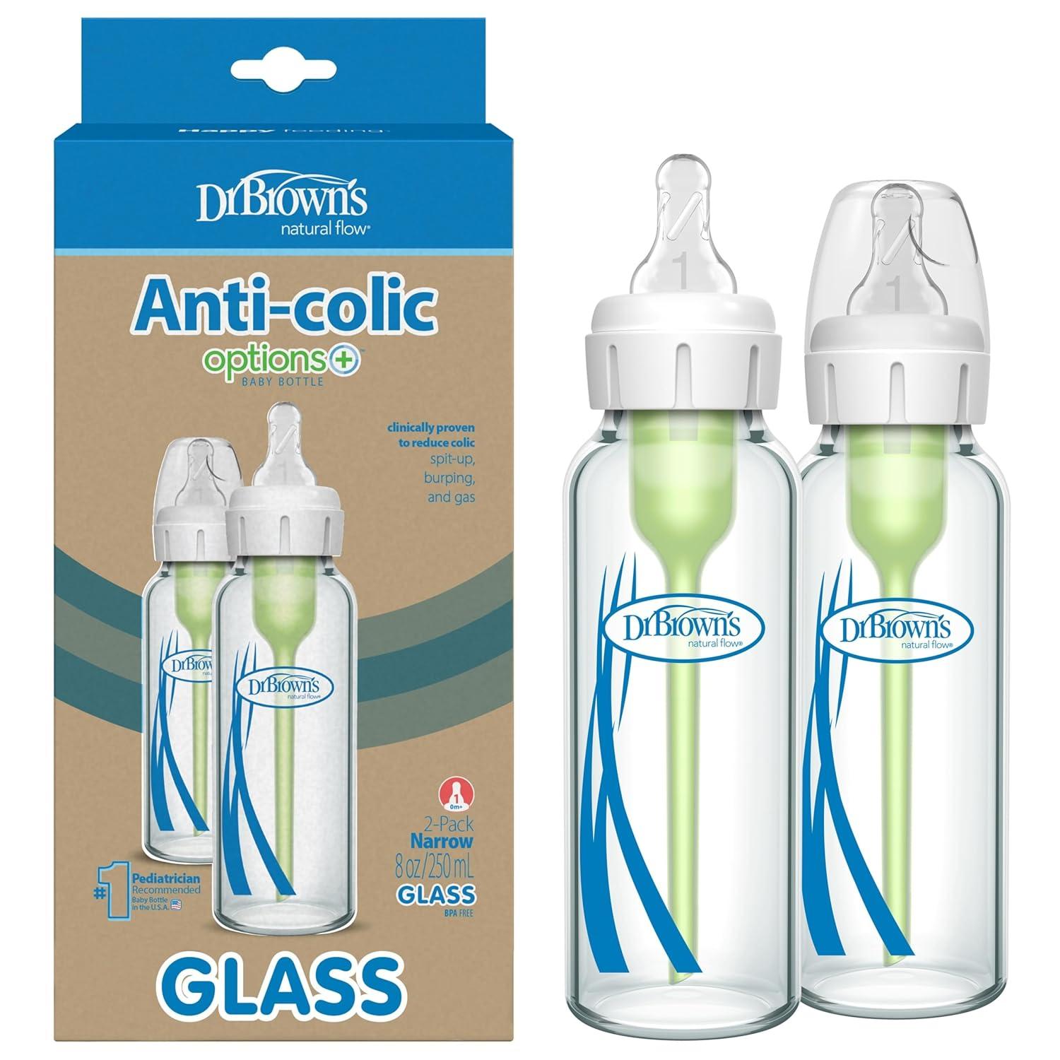 image:imageDr Browns AntiColic Options Narrow Glass Baby Bottle with Level 1 Slow Flow Nipple BPAFree 4 oz120mL 4PackClear Glass