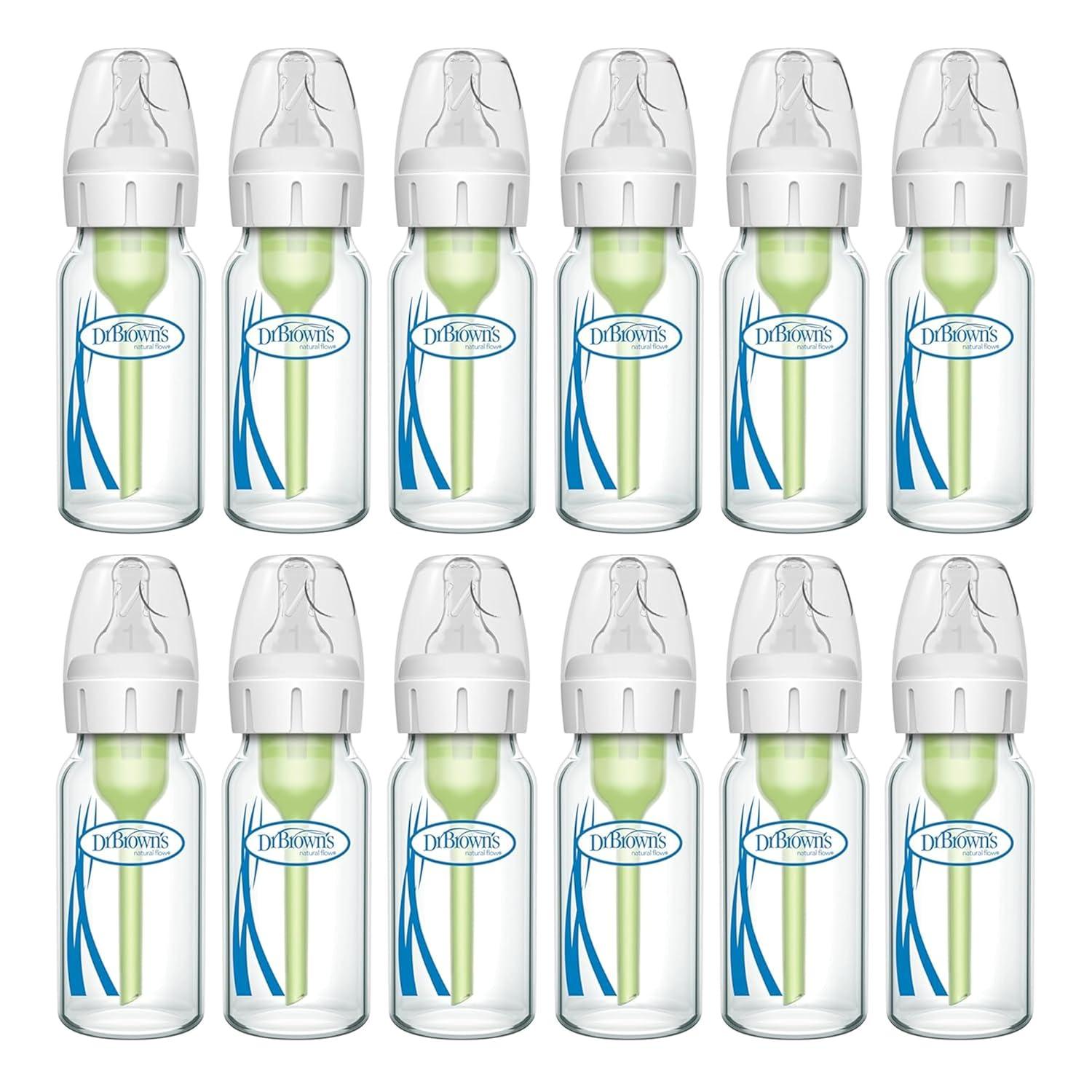 image:imageDr Browns AntiColic Options Narrow Glass Baby Bottle with Level 1 Slow Flow Nipple BPAFree 4 oz120mL 4PackClear Glass