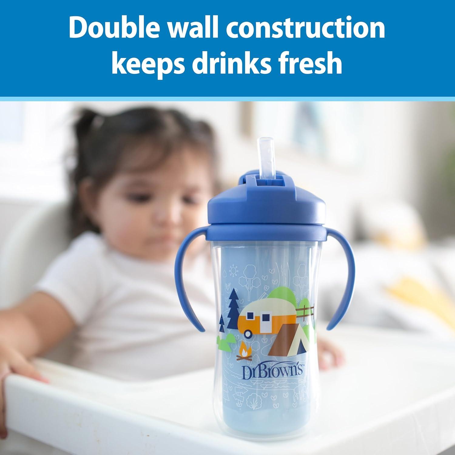 image:imageDr Browns Milestones Insulated Sippy Cup with Straw and Handles SpillProof Tumbler with Lid 2Pack Green amp Purple 10 oz300 mL BPA Free 12mBlueGreen