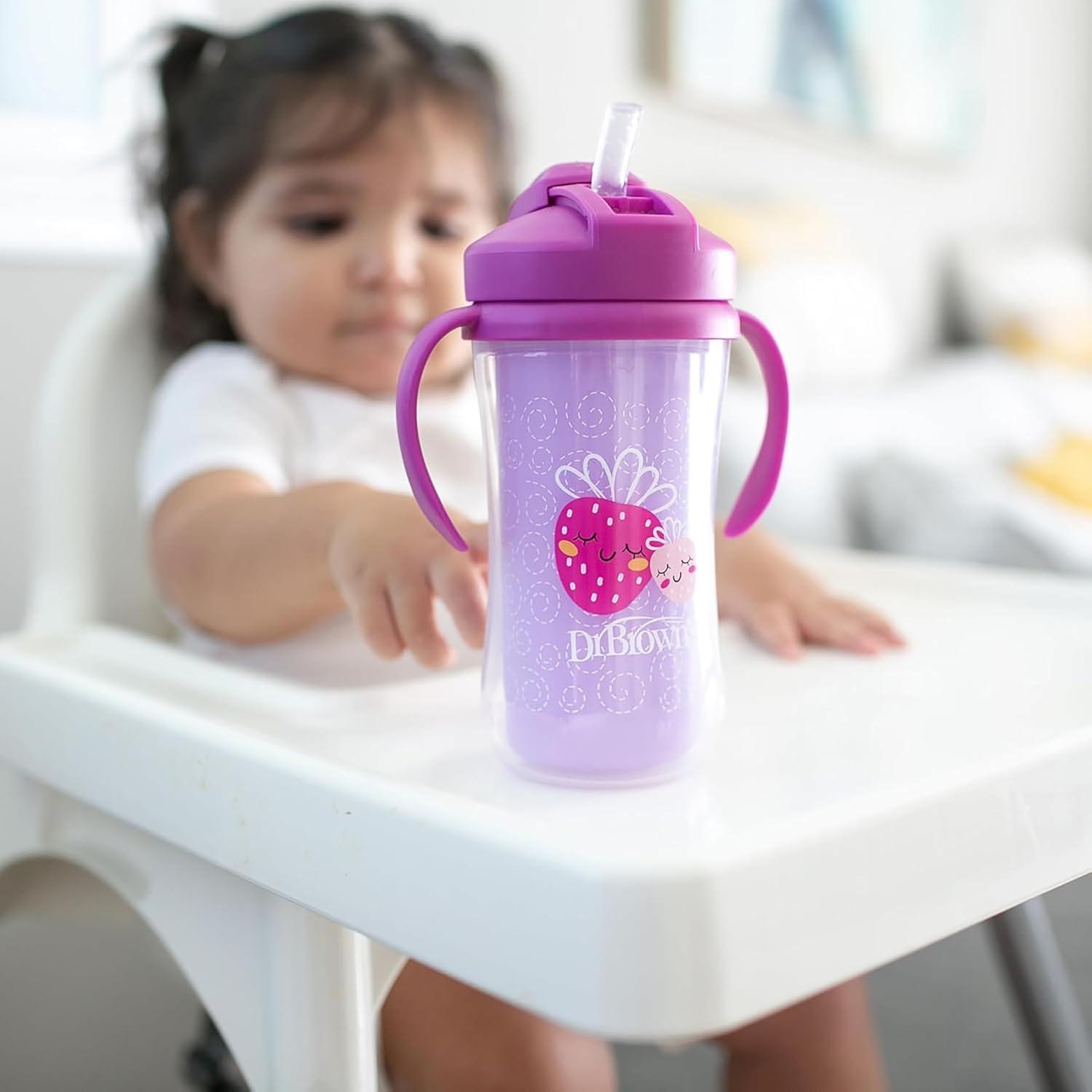 image:imageDr Browns Milestones Insulated Sippy Cup with Straw and Handles SpillProof Tumbler with Lid 2Pack Green amp Purple 10 oz300 mL BPA Free 12mBlueGreenPinkPurple