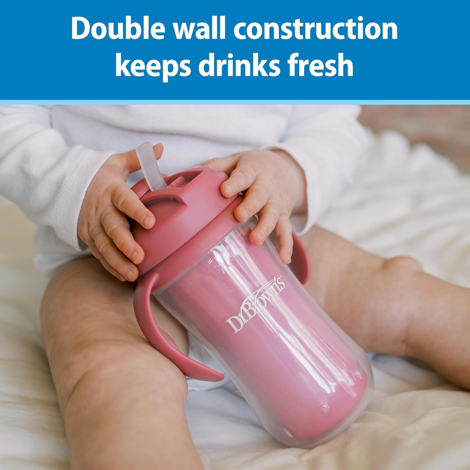 image:imageDr Browns Milestones Insulated Sippy Cup with Straw and Handles SpillProof Tumbler with Lid PinkCoral 10 oz300 mL BPAFree 12m 2PackPinkCoral