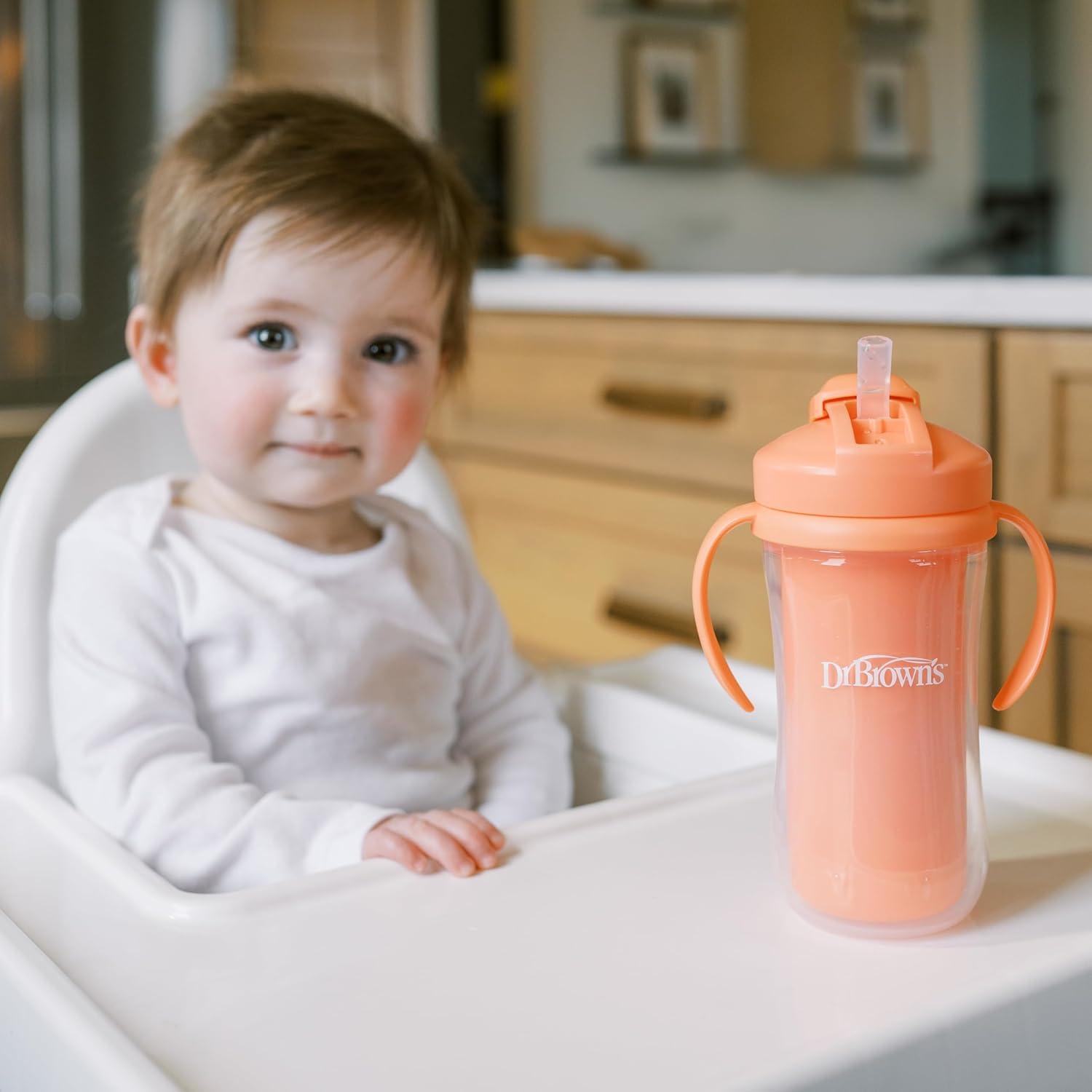 image:imageDr Browns Milestones Insulated Sippy Cup with Straw and Handles SpillProof Tumbler with Lid PinkCoral 10 oz300 mL BPAFree 12m 2PackPinkOrangeGreenGreen