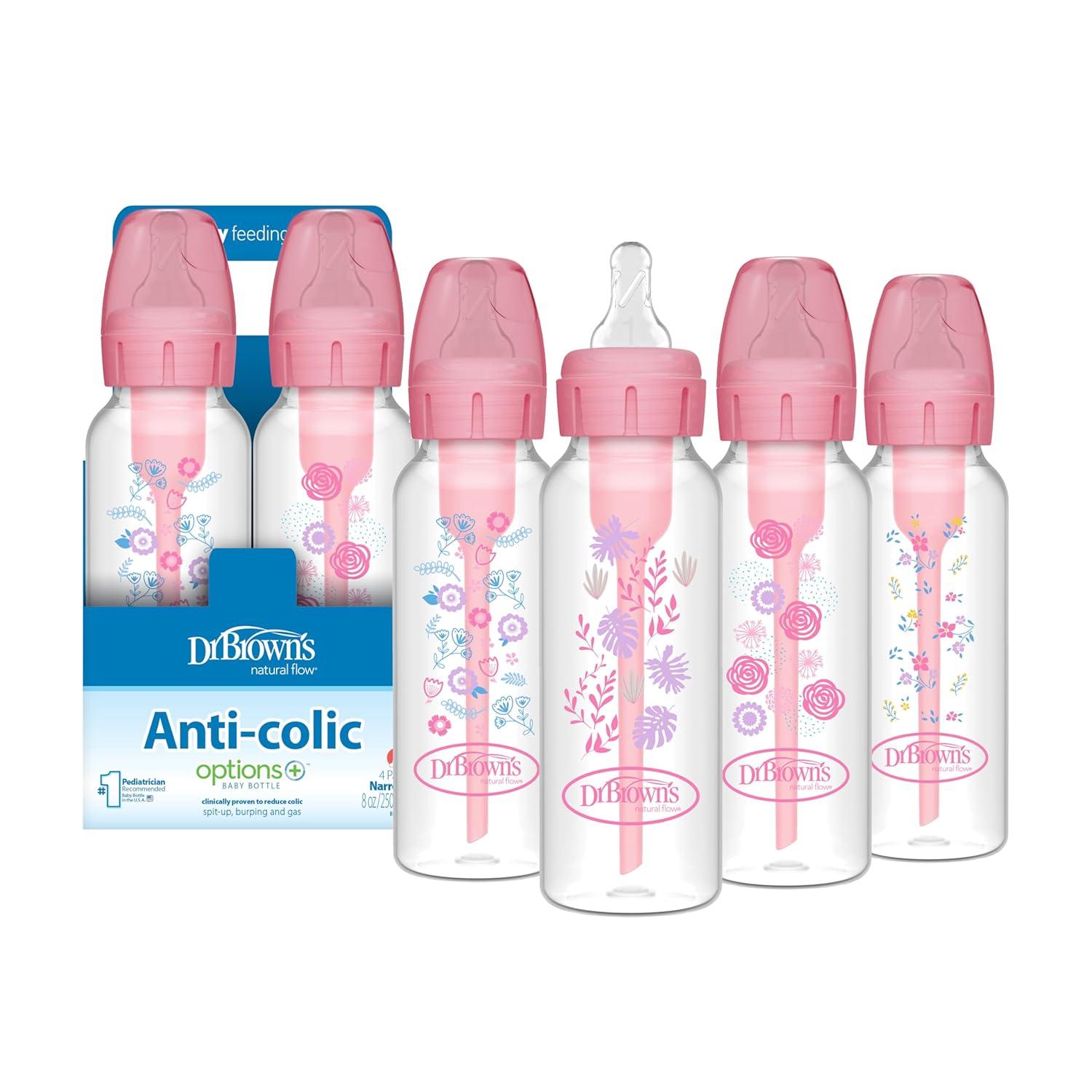 image:imageDr Browns Natural Flow AntiColic Options Narrow Baby Bottle Dream Adventure 8 oz250 mL with Level 1 Slow Flow Nipples 0m 4 PackPink Floral 8 oz 4 Pack