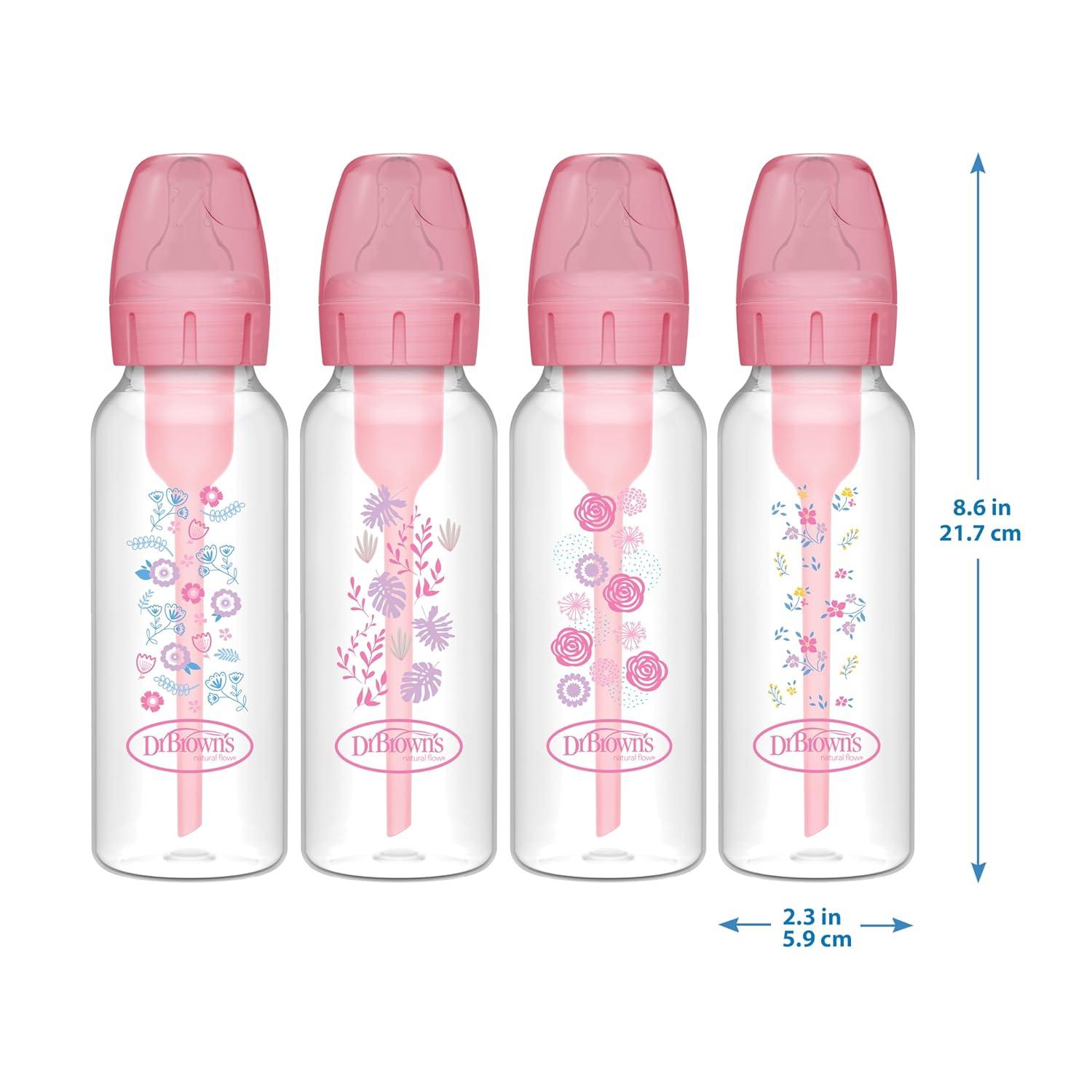 image:imageDr Browns Natural Flow AntiColic Options Narrow Baby Bottle Dream Adventure 8 oz250 mL with Level 1 Slow Flow Nipples 0m 4 PackPink Floral 8 oz 4 Pack