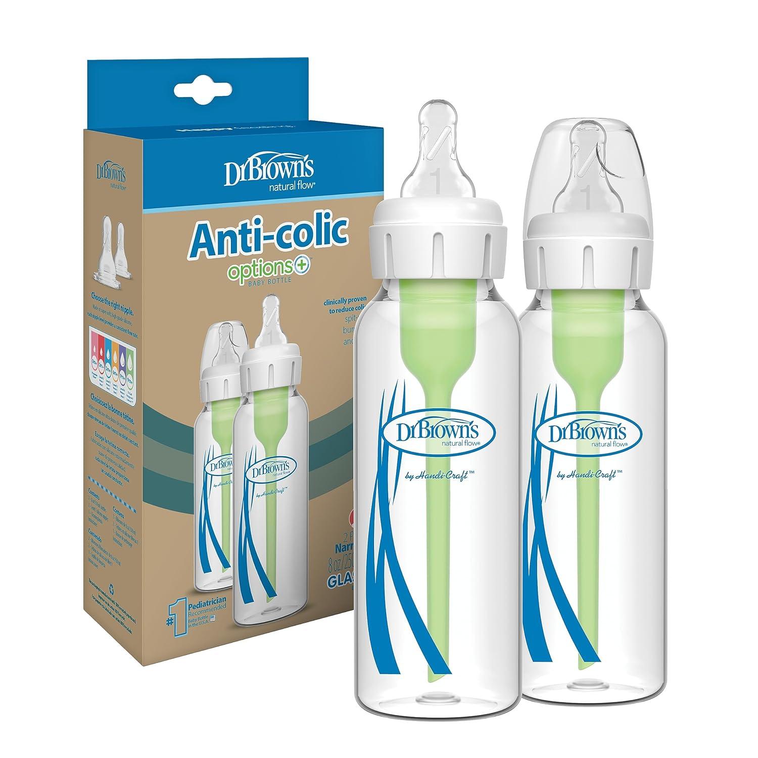 image:imageDr Browns Natural Flow Options Narrow Glass Baby Bottles 8oz 2Pack and Dr Browns Reusable Sponge Baby Bottle Cleaning Brush with Suction Cup Stand Scrubber and Nipple Cleaner Blue 1Pack Bundle