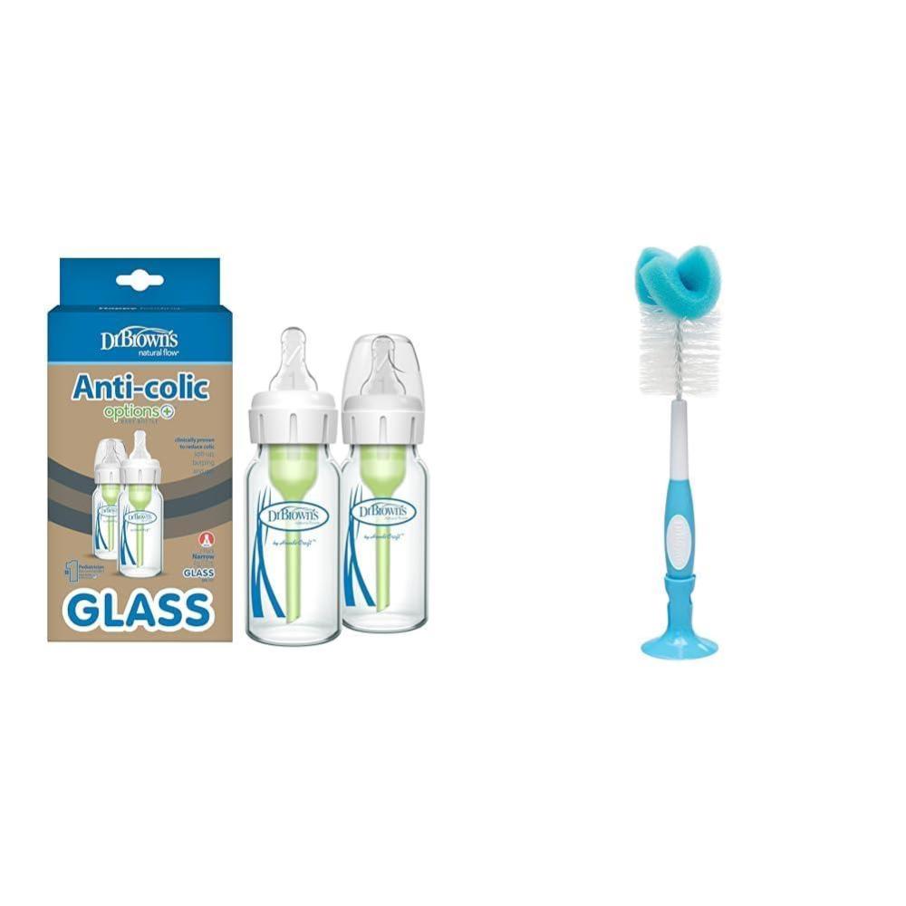 image:imageDr Browns AntiColic Options Narrow Glass Baby Bottle 4 oz Level 1 Slow Flow Nipple 2 Pack Bundle with Reusable Bottle Cleaning Brush Blue 1 Pack