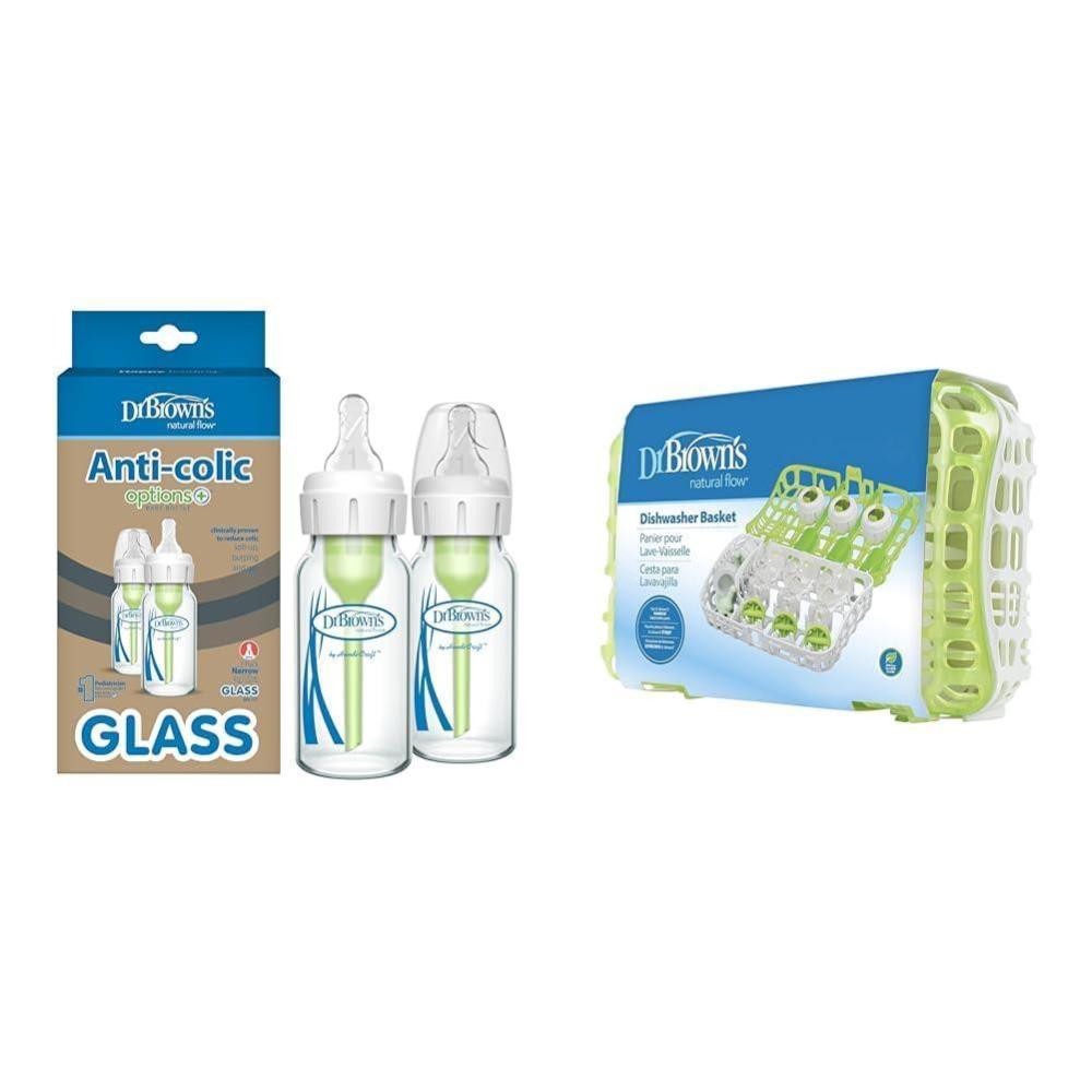 image:imageDr Browns AntiColic Options Narrow Glass Baby Bottle 4 oz with Slow Flow Nipple 2 Pack Bundle with Dishwasher Basket for Bottle Parts
