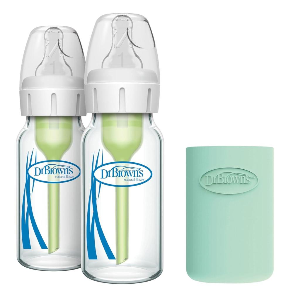 image:imageDr Browns AntiColic Options Narrow Glass Baby Bottle with Level 1 Slow Flow Nipple BPAFree 4 oz120 mL 0m 2Pack Mint Bottle Sleeve