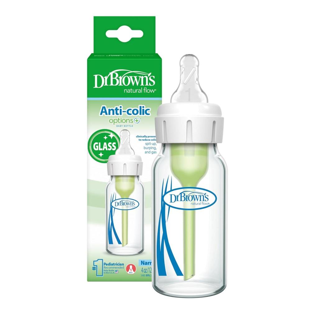 image:imageDr Browns AntiColic Options Narrow Glass Baby Bottle with Level 1 Slow Flow Nipple BPAFree 4 oz120mL 4PackClear Glass
