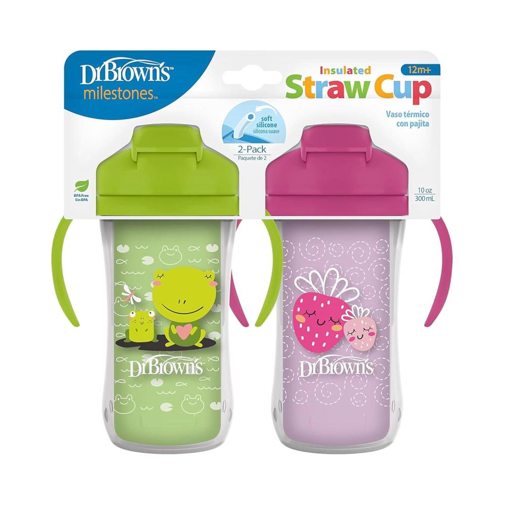 image:imageDr Browns Milestones Insulated Sippy Cup with Straw and Handles SpillProof Tumbler with Lid 2Pack Green amp Purple 10 oz300 mL BPA Free 12mGreenPurple