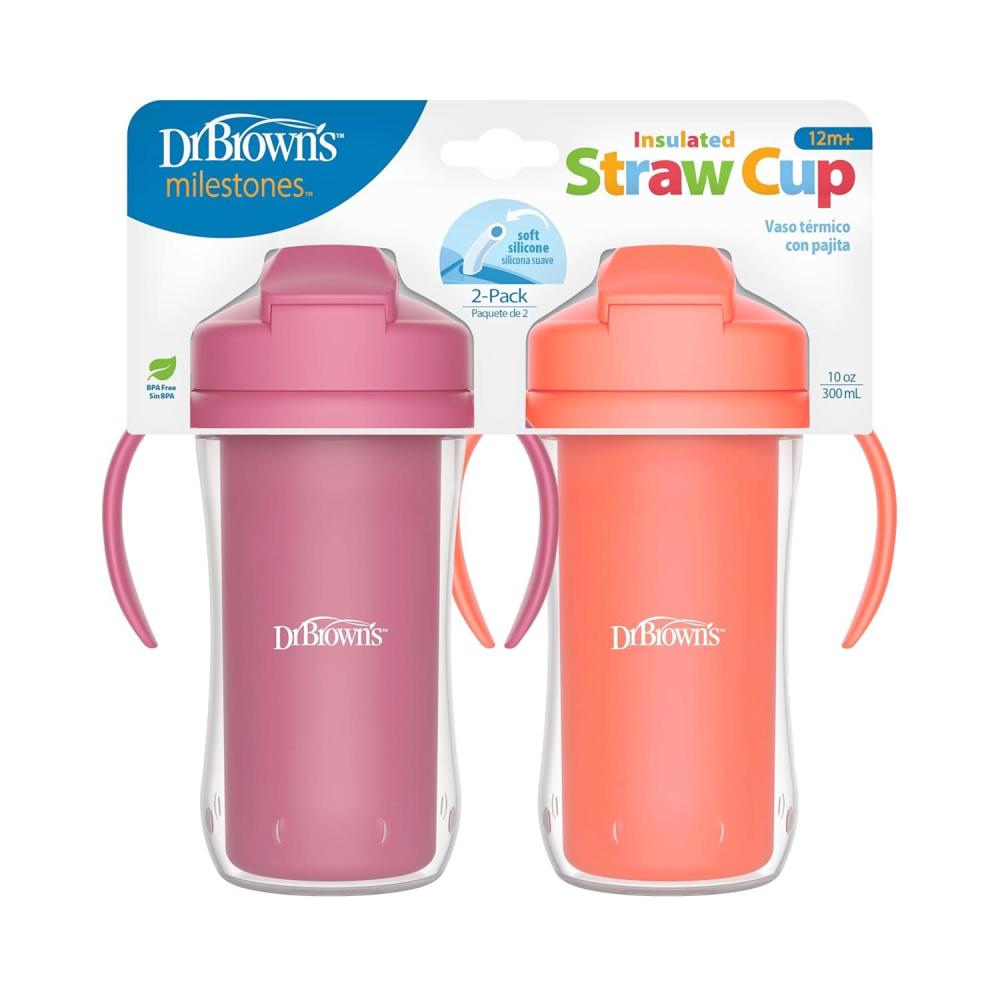 image:imageDr Browns Milestones Insulated Sippy Cup with Straw and Handles SpillProof Tumbler with Lid PinkCoral 10 oz300 mL BPAFree 12m 2PackPinkCoral
