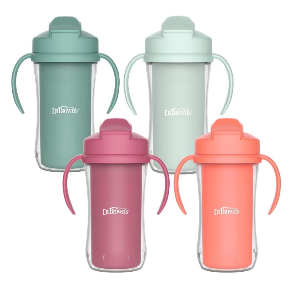 image:imageDr Browns Milestones Insulated Sippy Cup with Straw and Handles SpillProof Tumbler with Lid PinkCoral 10 oz300 mL BPAFree 12m 2PackPinkOrangeGreenGreen