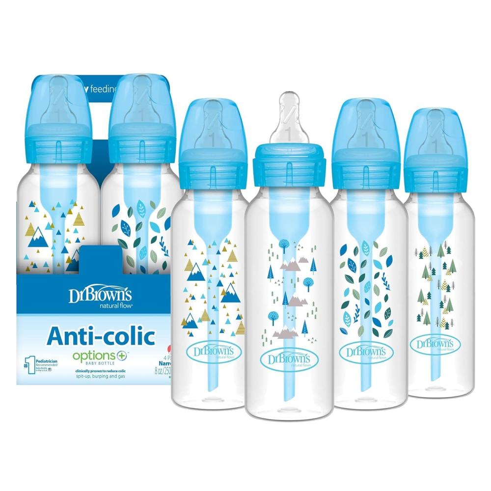 image:imageDr Browns Natural Flow AntiColic Options Narrow Baby Bottle Dream Adventure 8 oz250 mL with Level 1 Slow Flow Nipples 0m 4 PackBlue Nature 8 oz 4 Pack