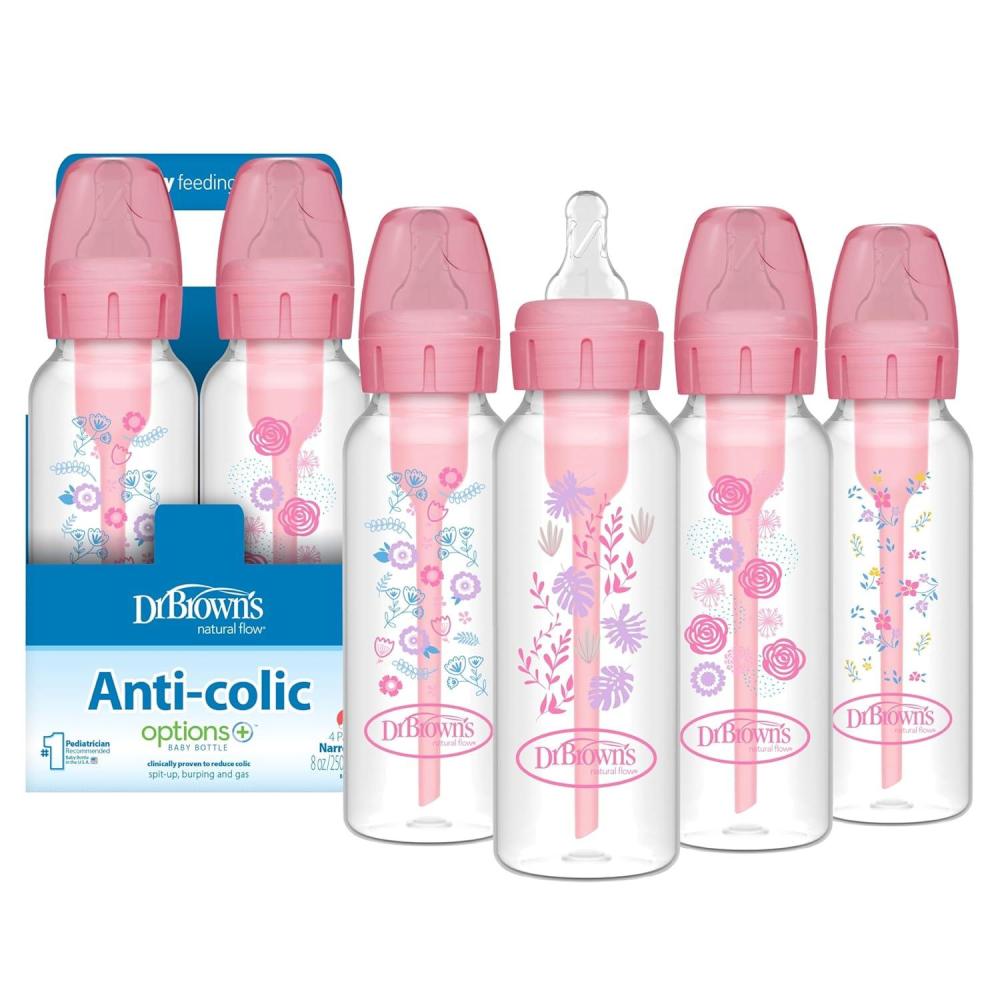 image:imageDr Browns Natural Flow AntiColic Options Narrow Baby Bottle Dream Adventure 8 oz250 mL with Level 1 Slow Flow Nipples 0m 4 PackPink Floral 8 oz 4 Pack
