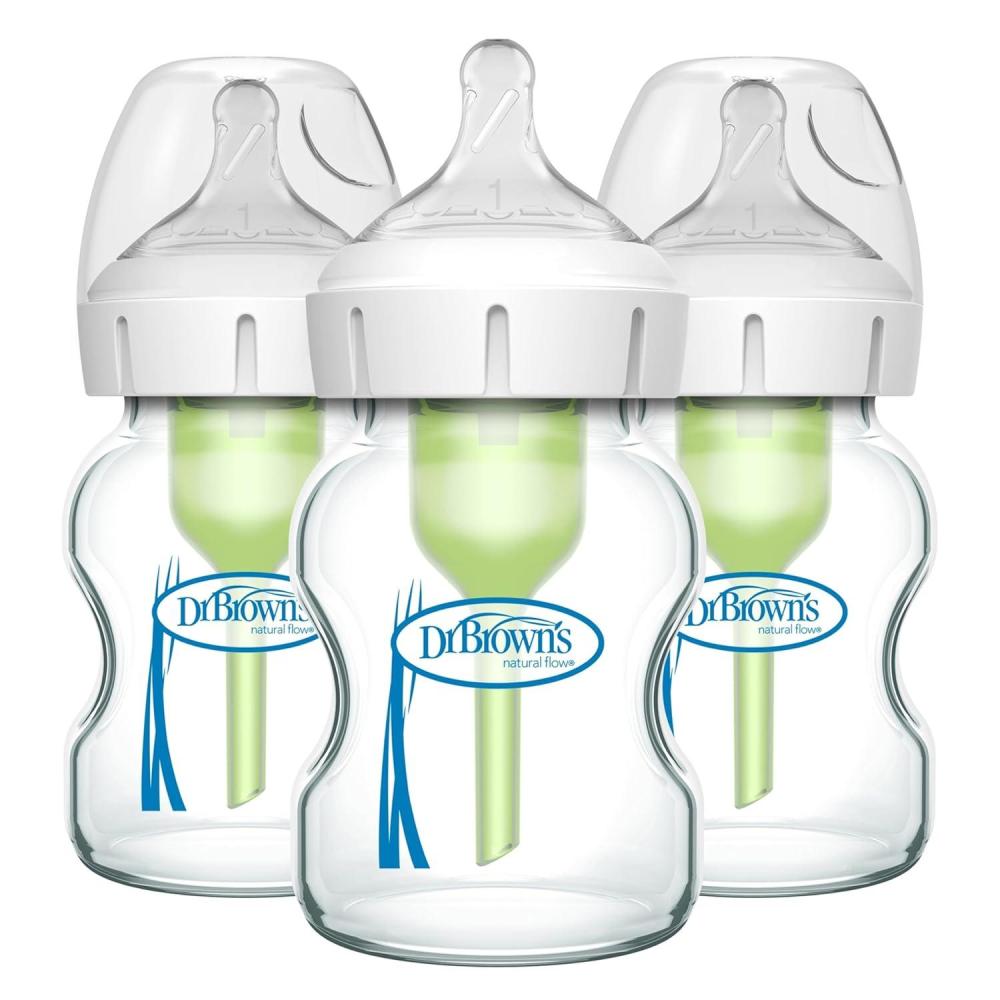 image:imageDr Browns Natural Flow AntiColic Options WideNeck Glass Baby Bottles 5 oz150 mL with Level 1 Slow Flow Nipple 3 Pack 0m3 Count Pack of 1