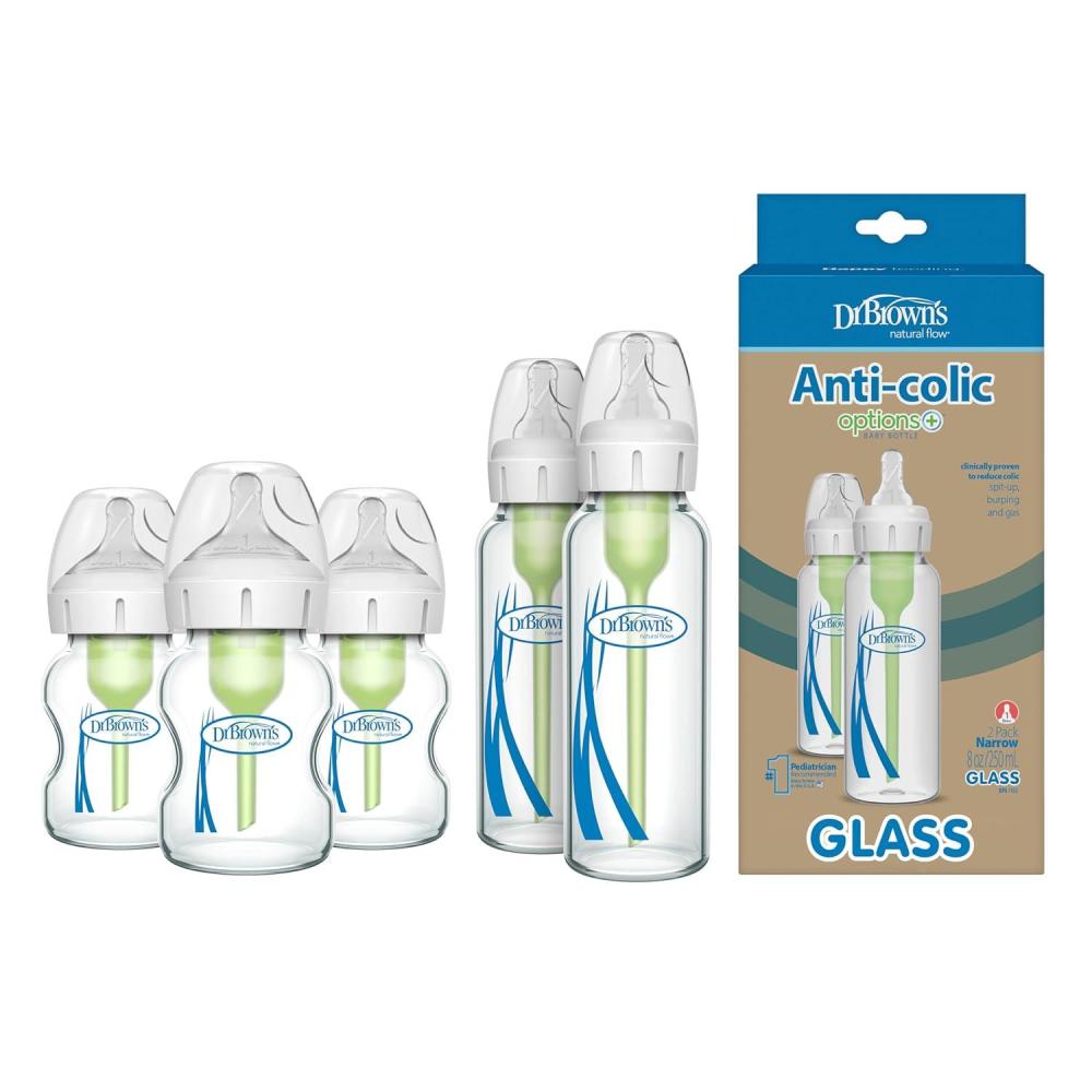 image:imageDr Browns Natural Flow Options Narrow Glass Baby Bottles 8oz amp Dr Browns Natural Flow AntiColic Options WideNeck Glass Baby Bottles 5 oz150 mL with Level 1 Slow Flow Nipple 3 Pack 0m