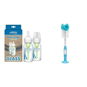 image:imageDr Browns AntiColic Options Narrow Glass Baby Bottle 4 oz Level 1 Slow Flow Nipple 2 Pack Bundle with Reusable Bottle Cleaning Brush Blue 1 Pack
