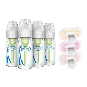 image:imageDr Browns AntiColic Options Narrow Glass Baby Bottle 4 oz120 mL with Level 1 Slow Flow Nipple 4 Pack 0m and Advantage OnePiece Silicone Pacifier 06m 3 Pack
