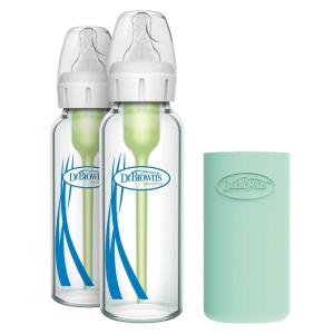 image:imageDr Browns AntiColic Options Narrow Glass Baby Bottle with Level 1 Slow Flow Nipple BPAFree 8 oz250 mL 0m 2Pack  Mint Bottle Sleeve