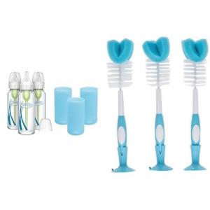 image:imageDr Browns AntiColic Options Narrow Glass Baby Bottles 8oz and Level 1 Slow Flow Nipple 3Pack 0m and Blue Silicone Sleeves and Bottle Cleaning Sponge Brush Suction Cup Stand Blue 3 Pack