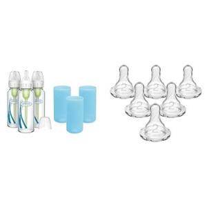 image:imageDr Browns AntiColic Options Narrow Glass Baby Bottles 8oz and Level 1 Slow Flow Nipple 3Pack 0m and Blue Silicone Sleeves and Level 2 Medium Flow Nipple 6 Pack 3m