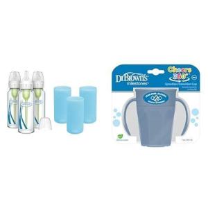 image:imageDr Browns AntiColic Options Narrow Glass Baby Bottles 8oz and Level 1 Slow Flow Nipple 3Pack 0m and Blue Silicone Sleeves and Milestones Cheers 360Spoutless Transition Cup w Handles Blue