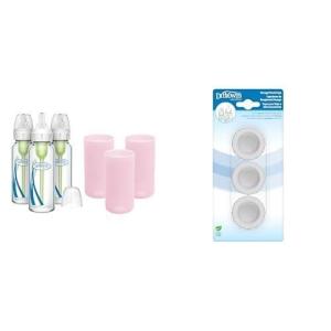 image:imageDr Browns AntiColic Options Narrow Glass Baby Bottles 8oz and Level 1 Slow Flow Nipple 3Pack 0m and Pink Silicone Sleeves and StorageTravel Caps BPAFree 3Pack