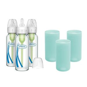 image:imageDr Browns AntiColic Options Narrow Glass Baby Bottles with Silicone Sleeves Blue Glow Mint BPAFree 8 oz250 mL 0m 3PackMint  8 oz