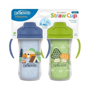 image:imageDr Browns Milestones Insulated Sippy Cup with Straw and Handles SpillProof Tumbler with Lid 2Pack Green amp Purple 10 oz300 mL BPA Free 12mBlueGreen