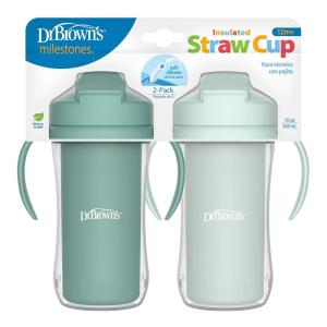 image:imageDr Browns Milestones Insulated Sippy Cup with Straw and Handles SpillProof Tumbler with Lid PinkCoral 10 oz300 mL BPAFree 12m 2PackLightGreenGreen