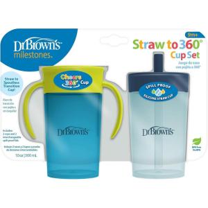 image:imageDr Browns Milestones Straw to 360 Convertible Toddler Training Cup Set with Interchangeable Silicone Straw and 360 Degree Cup Lids Pink Coral 10 oz300 mL BPAFree 9m 2PackBlue Green Set