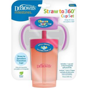 image:imageDr Browns Milestones Straw to 360 Convertible Toddler Training Cup Set with Interchangeable Silicone Straw and 360 Degree Cup Lids Pink Coral 10 oz300 mL BPAFree 9m 2PackPink Coral