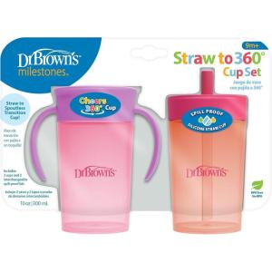 image:imageDr Browns Milestones Straw to 360 Convertible Toddler Training Cup Set with Interchangeable Silicone Straw and 360 Degree Cup Lids Pink Coral 10 oz300 mL BPAFree 9m 2PackCoral Pink Set