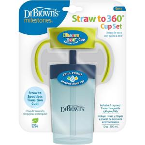 image:imageDr Browns Milestones Straw to 360 Convertible Toddler Training Cup Set with Interchangeable Silicone Straw and 360 Degree Cup Lids Pink Coral 10 oz300 mL BPAFree 9m 2PackGreen Blue