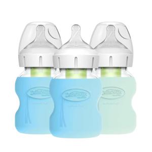 image:imageDr Browns Natural Flow AntiColic Options WideNeck Glass Baby Bottles 5 oz150 mL with Level 1 Slow Flow Nipple 3 Pack with Blue amp Mint 100 Silicone Sleeves 0m