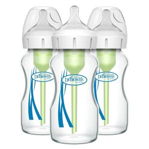 image:imageDr Browns Natural Flow AntiColic Options WideNeck Glass Baby Bottles 9 oz270 mL with Level 1 Slow Flow Nipple 3 Pack 0m