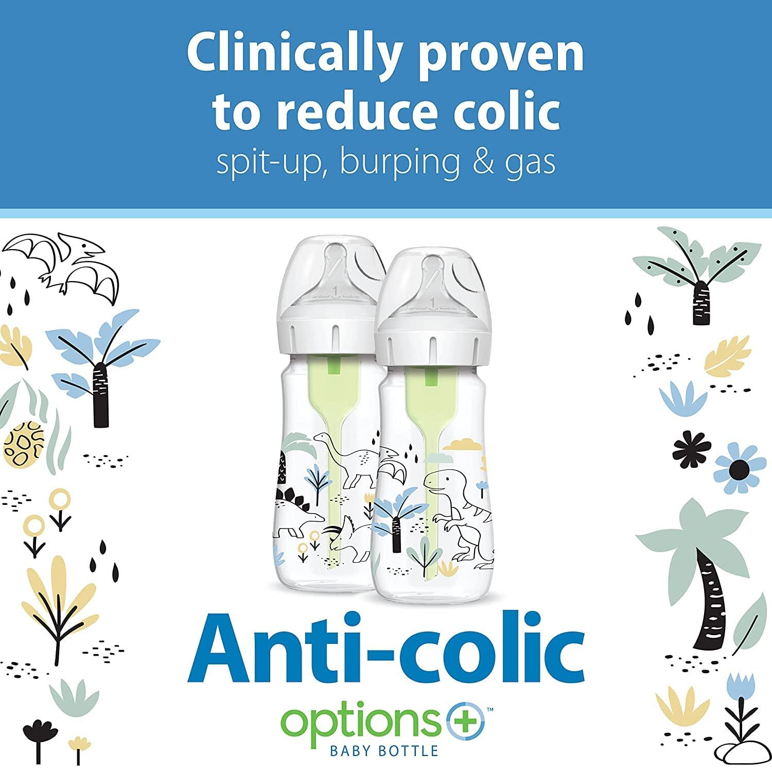 image:imageDr Browns AntiColic Options WideNeck Baby Bottle Designer Edition Dino Decos 9oz270mL Level 1 Nipple 2Pack 0m with 6Pack Level 2 Nipples2 Pack 9 oz Dinosaur with 6 Pack Level 2 Nipples
