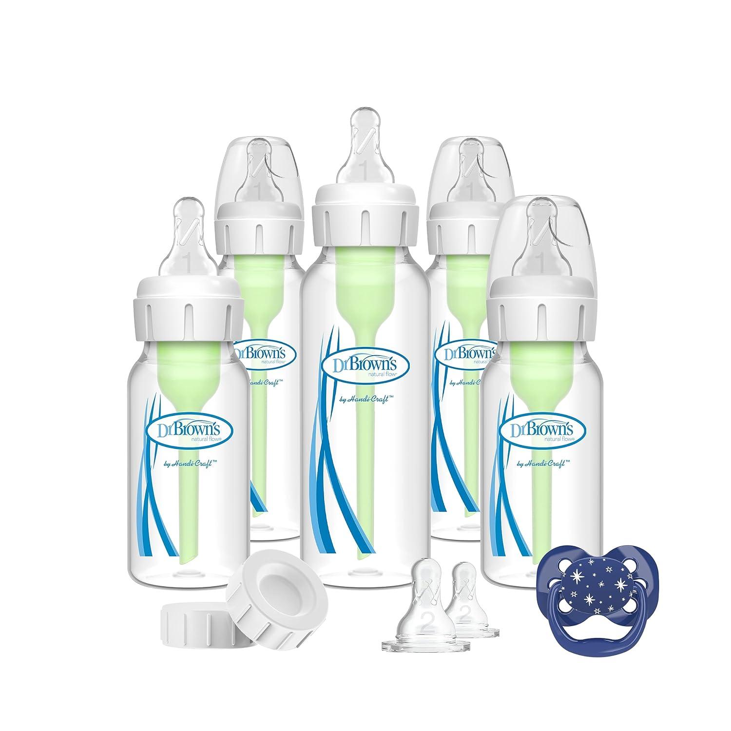 image:imageDr Browns AntiColic Options Narrow Baby Bottle Gift Set with 4 Slow Flow 8 oz Bottles Pacifier and Travel Caps